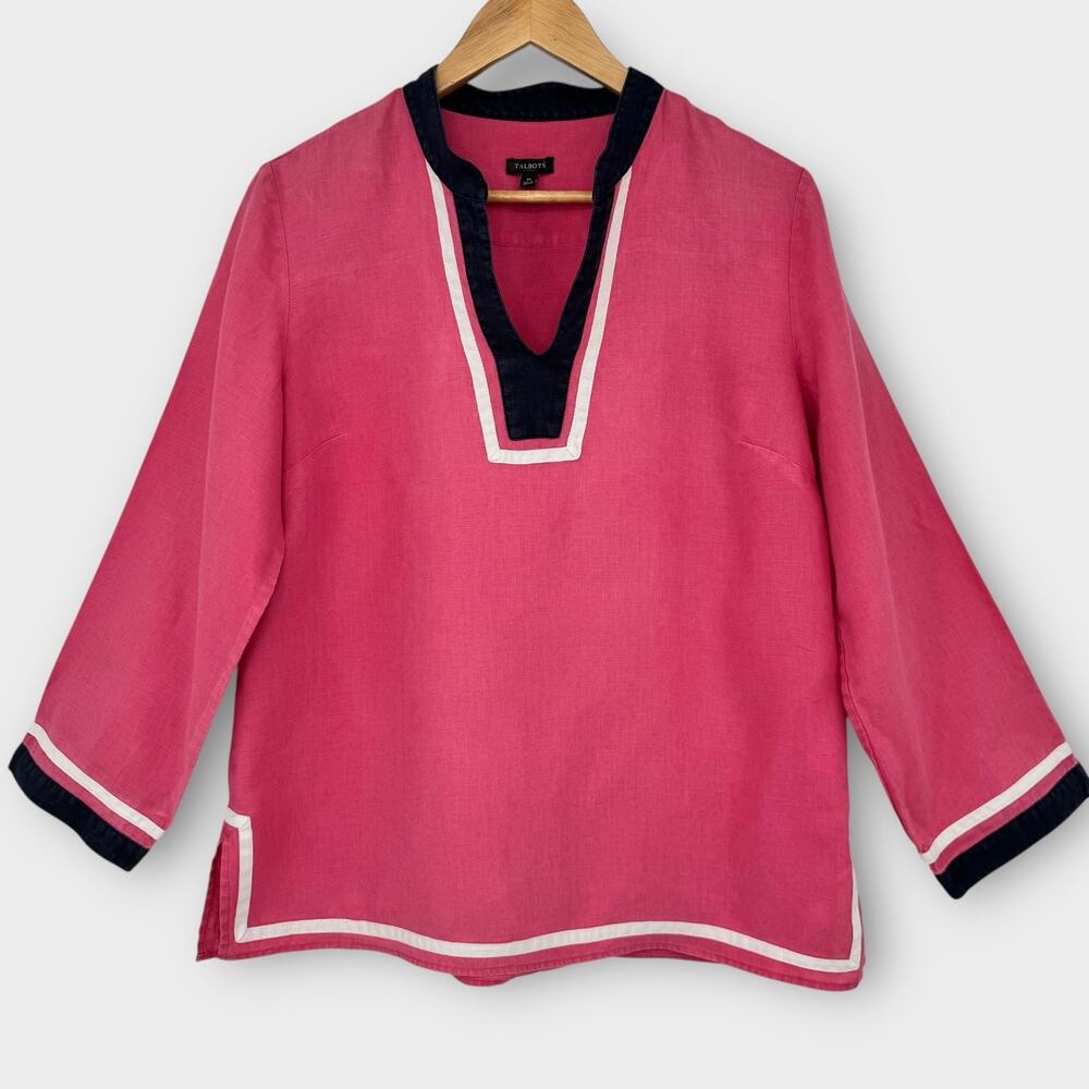 Talbots Coral Pink Linen Tunic Top Sz Medium Coastal Nautical Preppy Americana